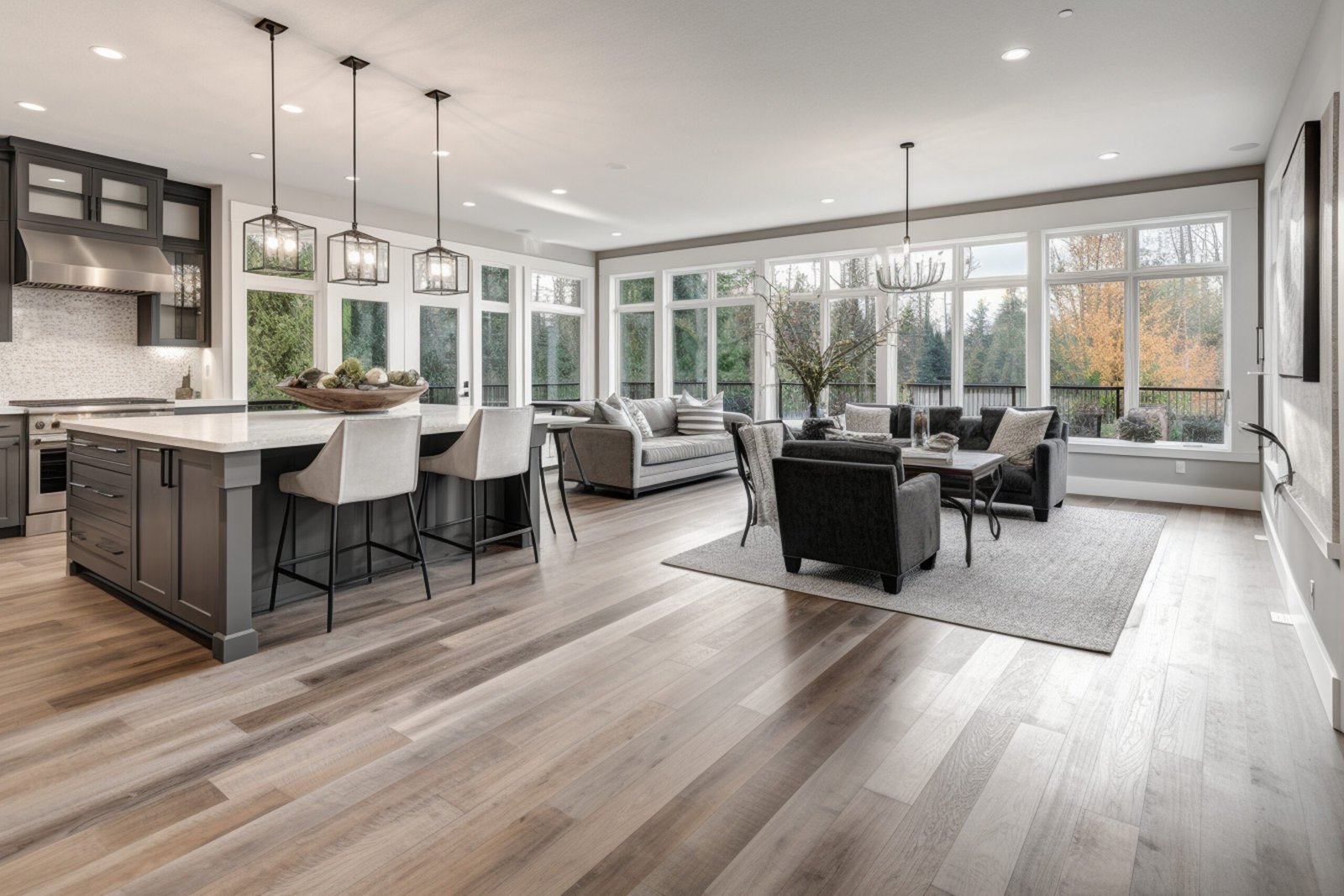 beautiful living room interior with hardwood floors view kitchen dining room new luxury h scaled