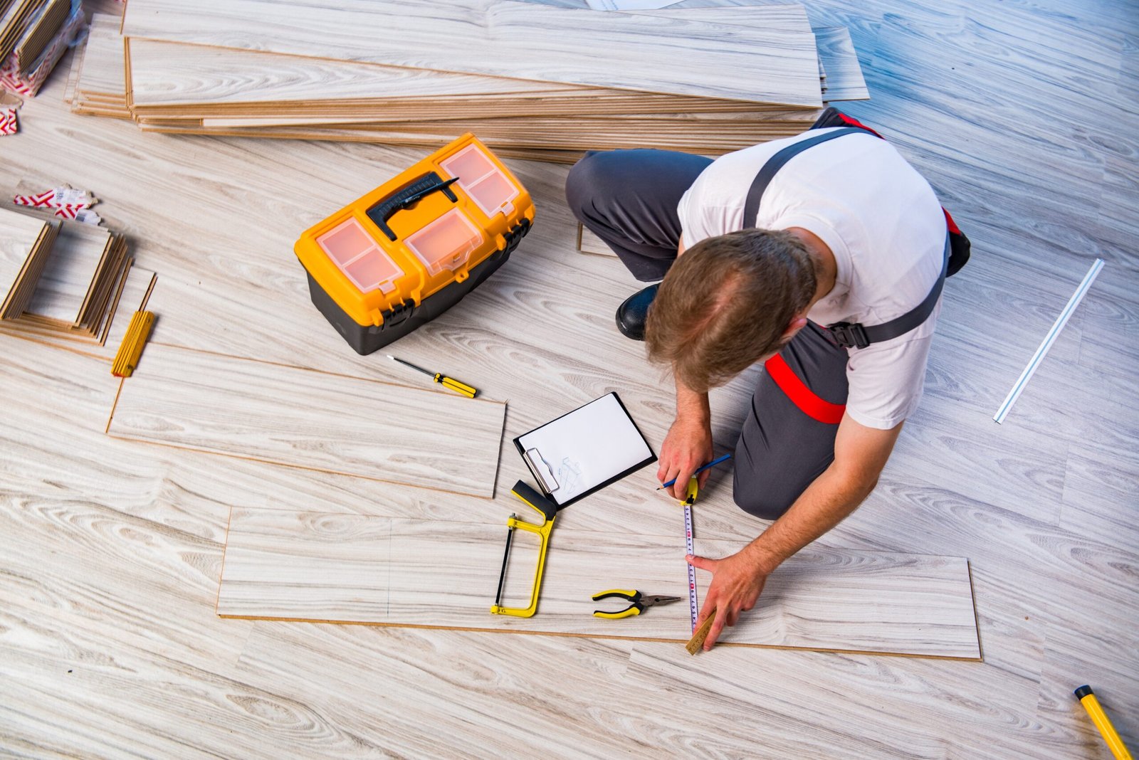 man laying laminate flooring construction scaled